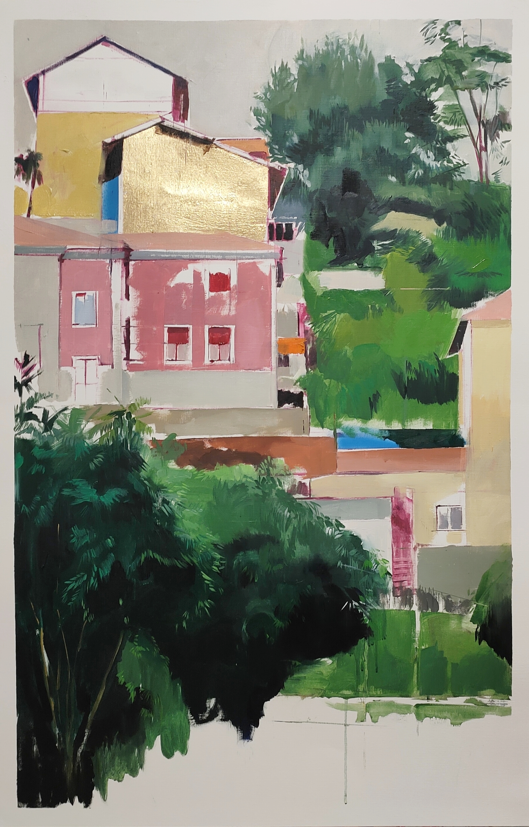 Paisaje Con Casa Rosa 2023 Oil Spray Paint And Gold Leaf On Paper  1005x65cm
