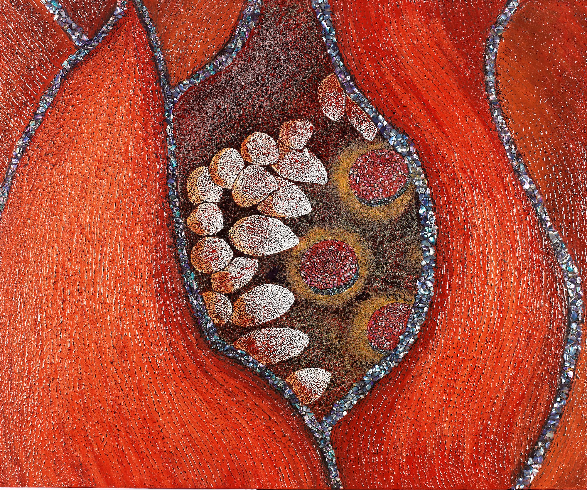 Park MyeungHee pmh2014-3_the energy of life 72.7x60.6 Ottchil, wood, cotton, mud powder, mother of pearl, 4500eu pos46